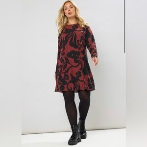 YOURS Curve Red Abstract Floral Ribbed Tunic Top
